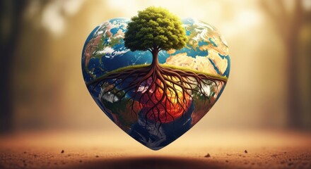 Heart-shaped Globe with Tree and Roots Representing Environmental Sustainability and Nature