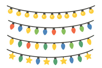 Christmas lights string set. Festive holiday decoration. Various colorful light bulbs and stars garland collection. Party design element. Vector flat cartoon illustration.