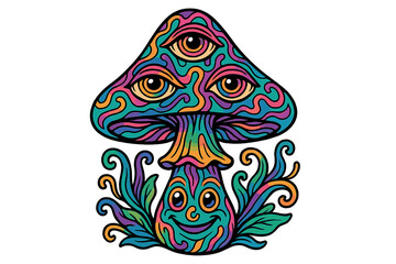 Obraz premium Psychedelic magic mushroom character with a third eye. Trippy fantasy vector art with vibrant colors. Mystical cartoon mascot for merchandise, t-shirts, and posters.