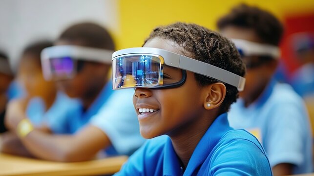 Children wearing VR headsets in a classroom - Powered by Adobe