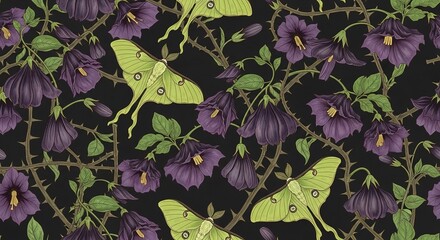 Gothic botanical seamless pattern, deep purple nightshade flowers, luna moths, and thorned vines on a dark charcoal background, vintage naturalist illustration style, moody and romantic