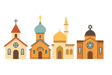Set of religious buildings. Church, mosque, synagogue icons. Flat vector cartoon illustration. Christian, Islamic, Jewish temples. World religions architecture collection.