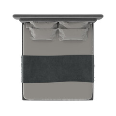 An overhead shot of a neatly made bed with pillows and a gray blanket 