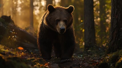 Brown bear in forest sunlight
