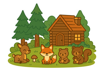 Obraz premium Cute woodland animals collection by a cozy log cabin. Forest friends cartoon vector set. Deer, fox, bear cub, and squirrel characters for kids. Tranquil nature scene.