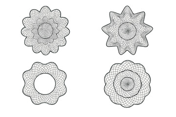 Watermark guilloche rosette elements set, digital security design, linear vector illustration for certificates, vouchers, protective wave pattern, anti-counterfeit decoration