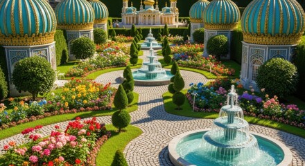 Colorful Ornate Garden with Water Fountains and Decorative Domes in Royal Palace Setting