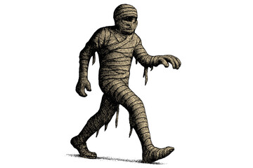 Walking mummy vector illustration. Halloween monster in vintage halftone style. Retro 90s grunge clipart for horror design. Spooky undead creature from ancient Egypt.