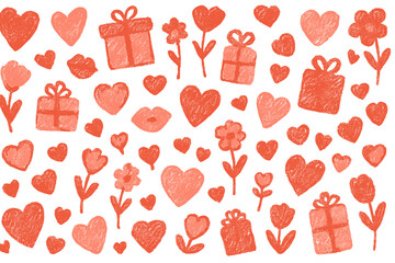 Valentine’s Day seamless pattern with hand-drawn hearts, gifts, flowers, and lips in crayon style, romantic design for greeting cards, scrapbooking, invitations, love celebration background