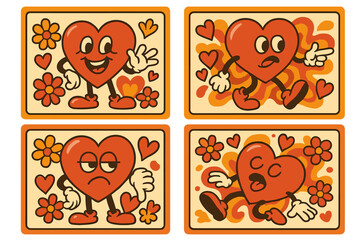 Groovy retro valentine's day characters. Set of funny heart mascots with different emotions. Cartoon sticker pack for anti-valentine celebration. 70s comic personage vector.