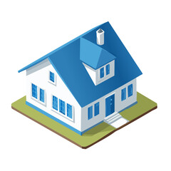 Suburban two story house with blue roof isometric vector illustration