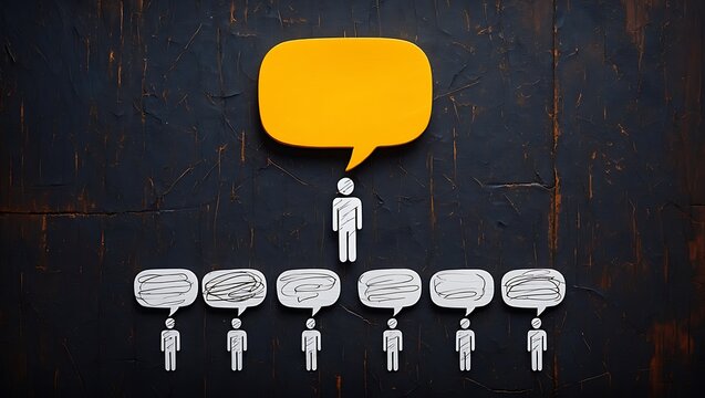 Concept of communication leadership with one person talking and others listening through speech bubbles