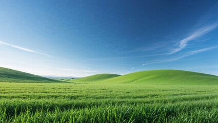 Fototapeta premium Minimalist summer landscape of a vibrant green field under a clear blue sky. A peaceful, natural background representing tranquility, nature, and open space