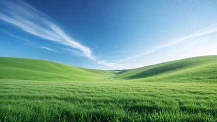 Fototapeta premium Minimalist summer landscape of a vibrant green field under a clear blue sky. A peaceful, natural background representing tranquility, nature, and open space
