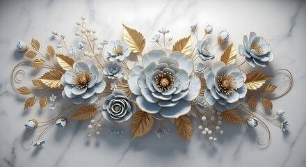Luxurious floral arrangement with light blue and gold accents on marble