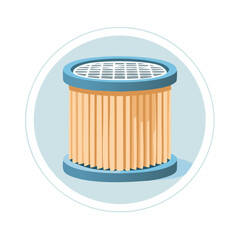 Illustration of a cylindrical air filter with pleated paper and a grid top in a circular frame