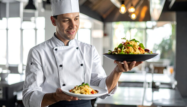 Chef Presenting Exquisite Pasta Dishes in a Professional Kitchen.