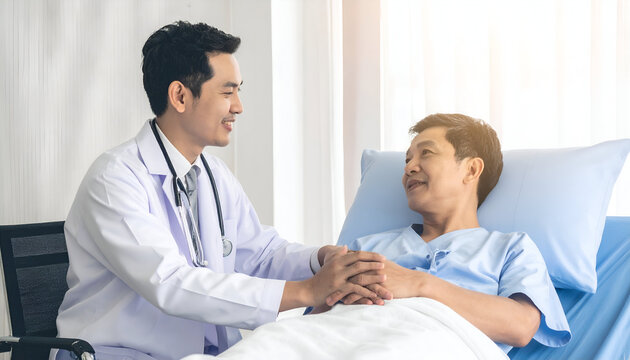 Doctor comforting patient in hospital bed holding hands.