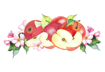 watercolor composition of red apples with pink flowers and apple slices, illustration for tableware, textiles, postcards, and design