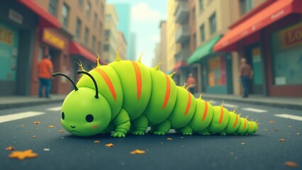 Cute green caterpillar exploring the vibrant city streets on a sunny day with cheerful expressions