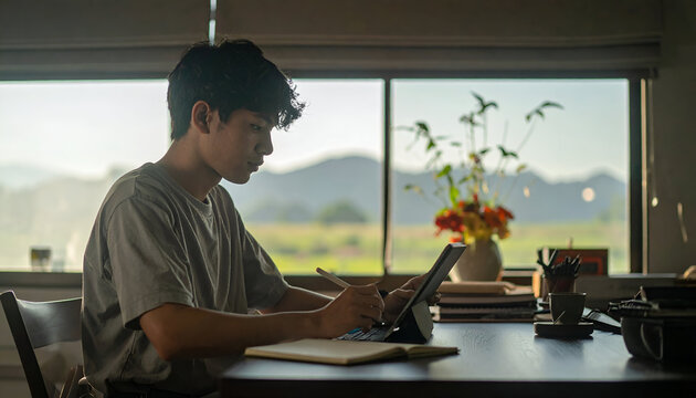 Young boy focused on tablet at desk with window view.