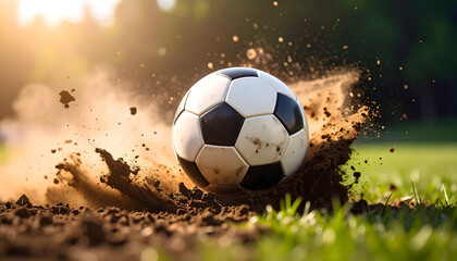 Fototapeta premium A football slams into the ground with explosive impact, soil bursting into the air, frozen in time to highlight motion, energy, and competitive spirit.