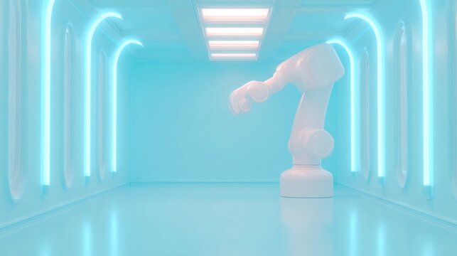 White robotic arm in a futuristic blue-lit laboratory. Advanced AI and automation in medical science and bioengineering concept.