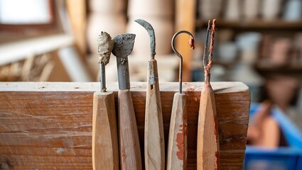 Close-up of artist paint brushes with wooden handles resting on a textured surface indoors