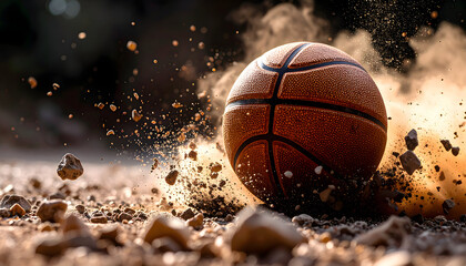 A basketball hits the dusty ground with force, scattering rocks and dirt into the air in a dramatic sports action shot filled with motion and intensity.