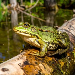 Frog on log in pond