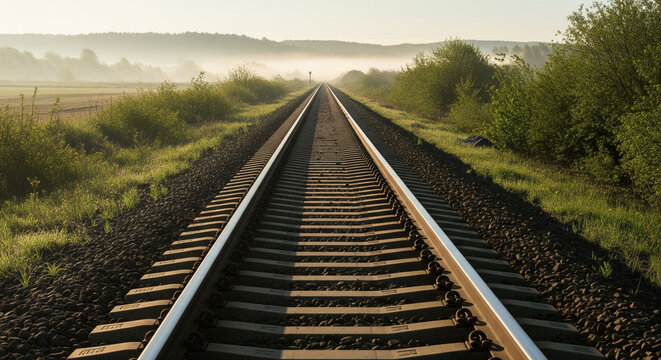 A Long Straight Train Track at Sunset
A straight railway track disappearing into the misty horizon. The low sun casts long shadows, highlighting the rails and gravel
