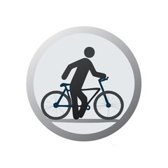 Official symbol of a person walking a bicycle in a clean gray circular button for traffic regulations