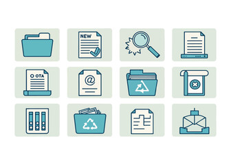 Collection of Business and Office Icons Depicting Files Documents and Communication Tools for Modern Workflow