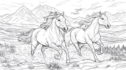 Horses running mountain landscape