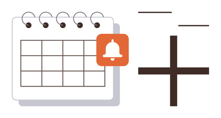 Spiral-bound calendar grid with orange notification bell icon and bold plus sign. Ideal for planning, organization, scheduling, productivity, reminders, event management, simple flat metaphor