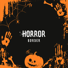 Vector Halloween horror border with grunge elements, pumpkin, bloody handprints, spiderweb, bones, splatters, and scary decoration. Spooky frame for party invitation, poster, banner, holiday designs.