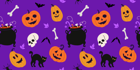 Seamless Halloween pattern with pumpkins, black cat, cauldron, skull, bat, spider, and bones on purple background. Spooky and fun festive design, ideal for holiday decoration, textile, wrapping paper.