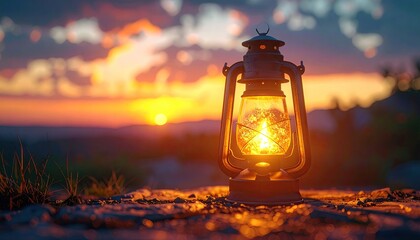 Glowing Vintage Lantern at Sunset with Warm Light and Pixelated Clouds