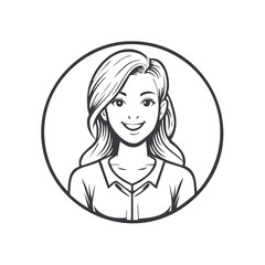 Line art illustration of a smiling woman in a circular frame