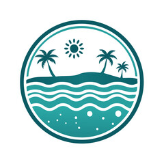 Fototapeta premium Tropical Island Scene Graphic Emblem Palms Ocean Waves Sun, Round Badge Logo