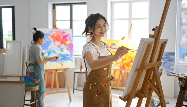 Two young Asian women artists painting in a bright art studio, focusing on their canvases with colorful acrylics.