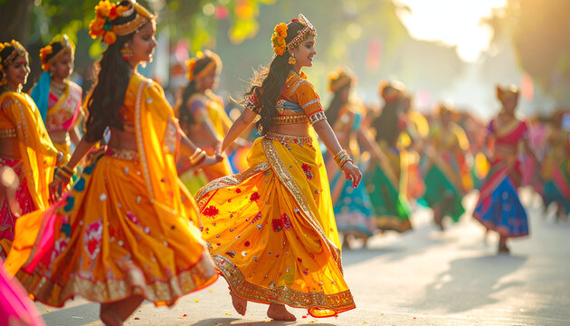 Vibrant Procession of Women in Traditional Indian Attire.