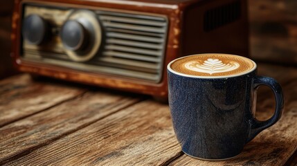 Vintage radio and coffee drink