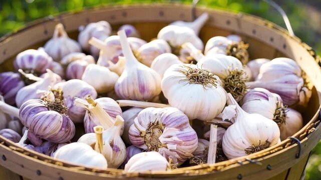 Basket of Garlic: A rustic wooden basket brimming with an abundance of fresh, aromatic garlic bulbs, exuding a rustic charm