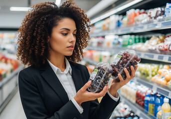 Woman holding packaged grapes at supermarket fruit stand