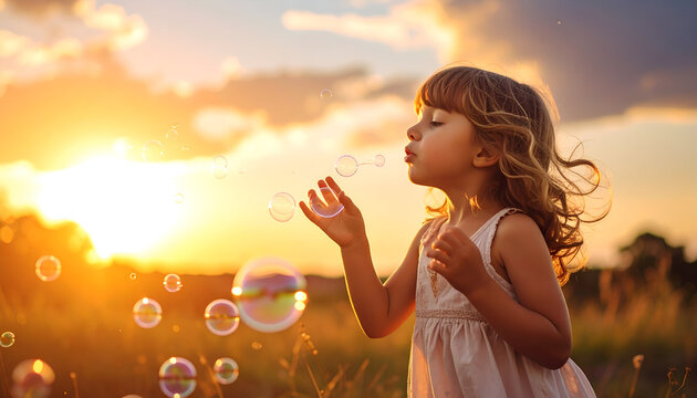 Girl Blowing Bubbles at Sunset in Field.
