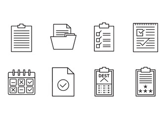 Collection of Business Icons representing reports checklists and financial planning with calendars and documents