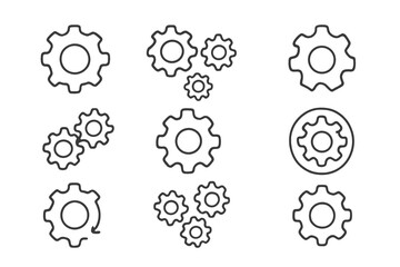 Minimalistic linear gear icon set, editable stroke vector illustration, simple mechanical cogwheel symbols for design, apps, banners, cards, and UI elements