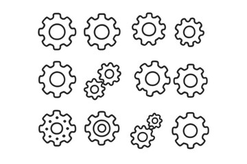 Simple linear gear icon set editable stroke minimalistic outline cogwheel symbols for technology mechanics engineering design apps banners posts digital vector illustration