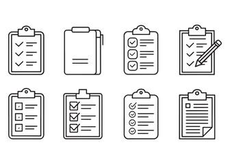 Collection of Clipboard Checklist Icons Representing Task Management Planning and Productivity in Various Forms for Business and Personal Use